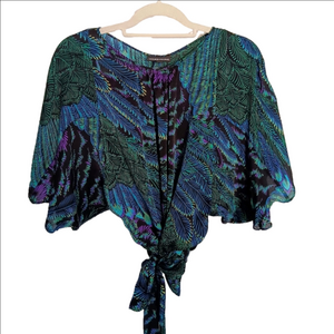 Warehouse 100% Silk Peacock Printed Top Cut-out Back With Wrap Waist Tie Vibrant